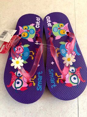 NWT Kids Flip Flops Purple, Owls Size 2/3 K.I.C.S.